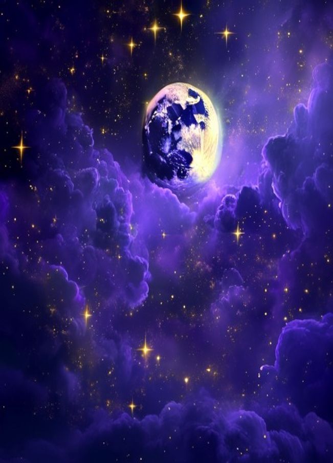 A calm night sky with a soft glowing moon